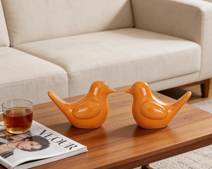 Small Orange Bird Statue Ceramic 2-Piece Set, 3¾ inch Cute Knick Knack for Home Office Shelf Desk Decor