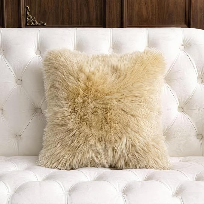 Luxury Soft Fur Sheepskin Fleece Cushion Cover Pillowcase Decorative Throw Pillows Covers, No Pillow Insert, 1pc (Khaki Camel, 18"×18")