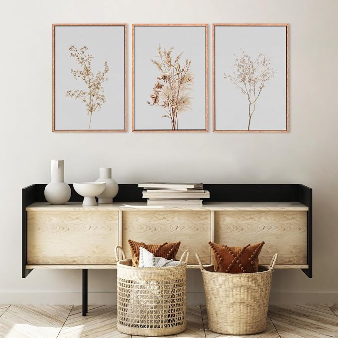 Ausril Wildflower Floral Framed Canvas Wall Art Set, Beige Botanical Wall Decor, Minimalist Nature Flower Wall Painting, Modern Boho Farmhouse Art Print for Living Room, Bedroom, Office- 24"x36"x3