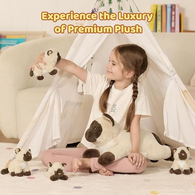MorisMos 5 Pcs Siamese Cat Stuffed Animal, 19 Inch Large Mama Cat with 4 Baby Kittens, Soft Gift Toy for Kids, Cat Lovers & Nursery Decor, Birthday