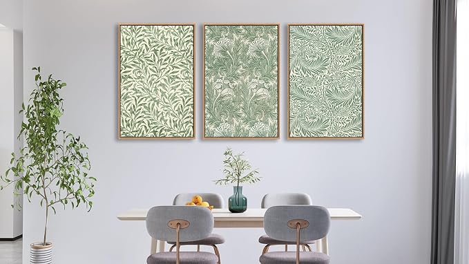 Large Flowers Wall Art for Living Room Natural Wood Float Framed Art Set of 3 William Morris Floral Canvas Picture Vintage Artwork Green Botanical Leaf Art Prints for Bedroom Wall Decoration 20"X28"X3