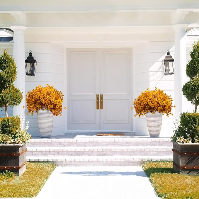 Grunyia 16 Bundles Artificial Fall Mums Outdoor UV Resistant, Fake Silk Plants No Fade Faux Greenery for Garden Porch Patio - Autumn Thanksgiving Christmas Home Decor (Fall Yellow)