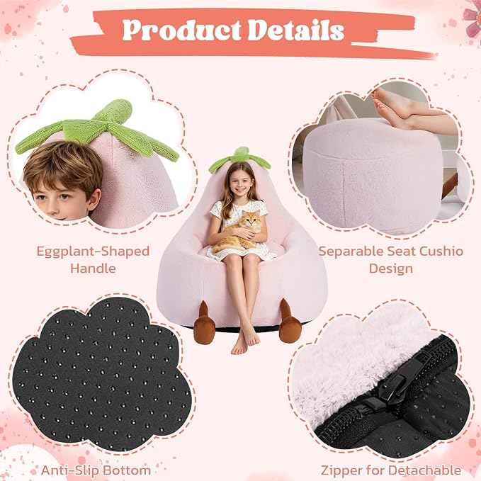 2.5FT Memory Foam Bean Bag Chair - Ultra Soft Faux Rabbit Fur Round Sofa with Handle & Machine Washable Cover, Comfy Lazy Chair for Kids Teens, Perfect for Reading Gaming in Living Room Bedroom，Pink