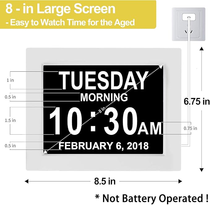 New 2026 Digital Calendar Alarm Day Clock, with 8" Large Screen Display, am pm, Multiple Alarms, for Impaired Vision People, The Aged Seniors, The Dementia, for Desk, Wall Mounted,White
