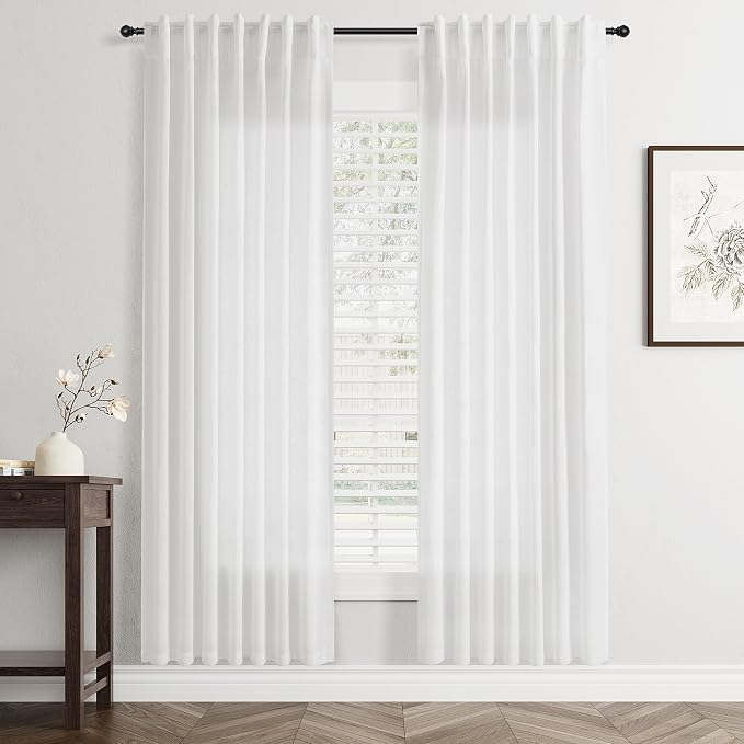 Jowels White Linen Curtains 80 Inch Long 2 Panels for Living Room | Light Filtering Semi Sheer Curtain, Back Tab Pocket Pleated Look, Boho Farmhouse Textured Privacy Drapes for Bedroom Window