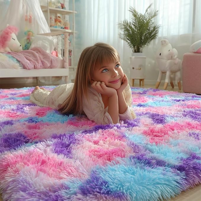 PAGISOFE Rainbow Purple Rugs for Girls Bedoom 5x7 Ft, Fluffy Cute Colorful Pastel Princess Carpet for Living-Room Kids Nursery, Ultra Soft Dorm Rug for Room Decor Aesthetic,Hot Pink Bedroom Decor