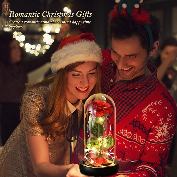Beauty and The Beast Rose Birthday Gifts for Women, Valentine's Day Gifts for her, Eternal Rose Artificial Flower Light Up Rose in Glass Dome, Glass Roes Flower Gifts for Wife/Girlfriend