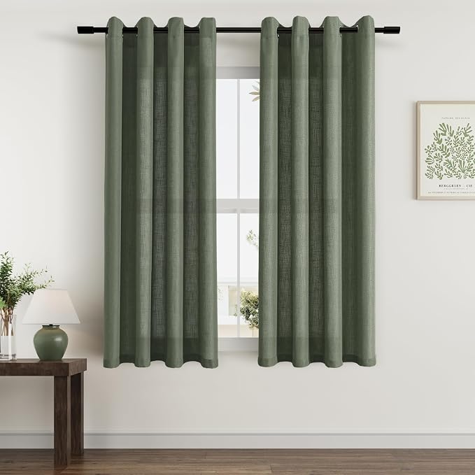 Olive Green Boho Curtains 63 Inch Length for Living Dining Room 2 Panels Set Grommet Light Filtering Linen Drapes Farmhouse Xmas Decor Semi Sheer Curtains for Bedroom Kitchen Window 63 Inches Long