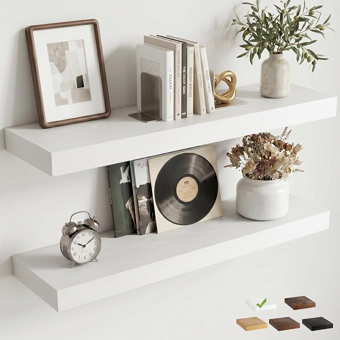 30 Inch Floating Shelves for Wall, 8"D Wood Storage Shelves, White Finish | Engineered Wood, Invisible Bracket, Large Storage, Easy Install, Hold Up to 44lbs, Living Room, Bathroom, Bedroom, Kitchen