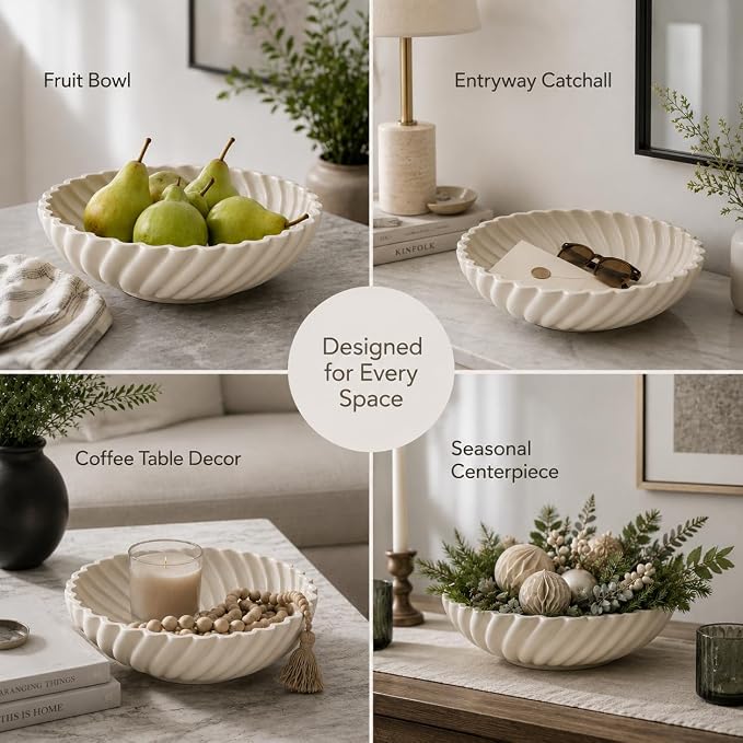 10'' Ceramic Decorative Bowl - Stylish Fruit Bowl for Kitchen Counter - Key Bowl for Entryway Table Decor - Large Decorative Bowls for Home Decor - Modern Home Decor Accents White