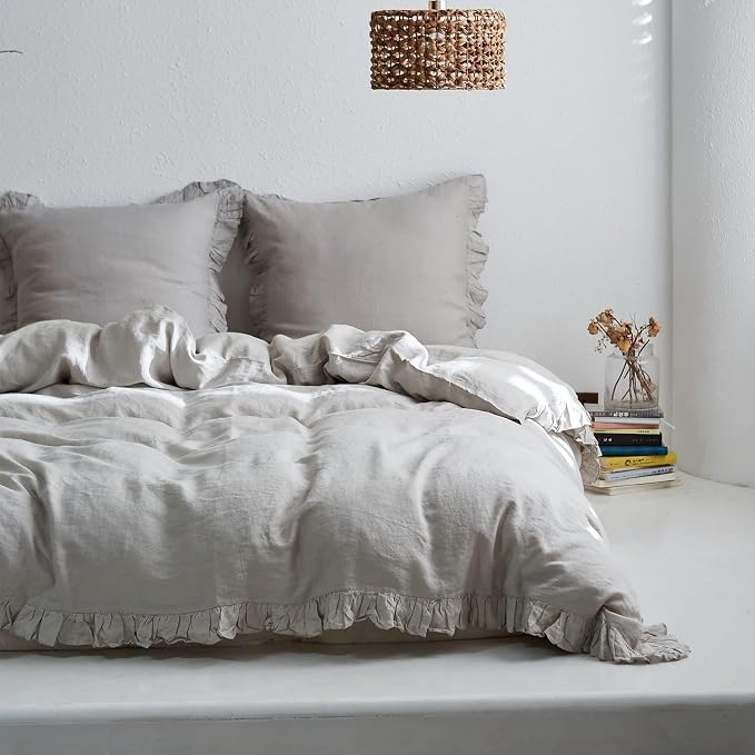 Simple&Opulence 100% Linen Euro Sham Covers with Ruffle, 26x26 Inch Pillow Covers Set of 2, Euro Pillow Shams for Bed Couch French Home Decor Luxury and Breathable Square Pillow Cases, Light Grey