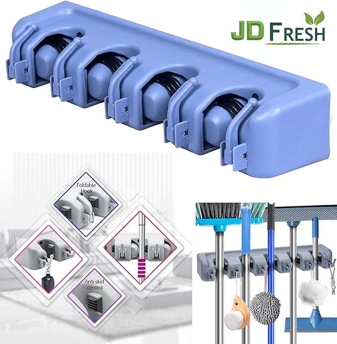 Berry Ave 5 Racks 6 Hooks Mop and Broom Holder Wall Mount, Broom Organizer Storage Tool Rack, Heavy Duty Wall Mount for Brooms and Mops, Utility Closet Garage Kitchen Laundry Organizer