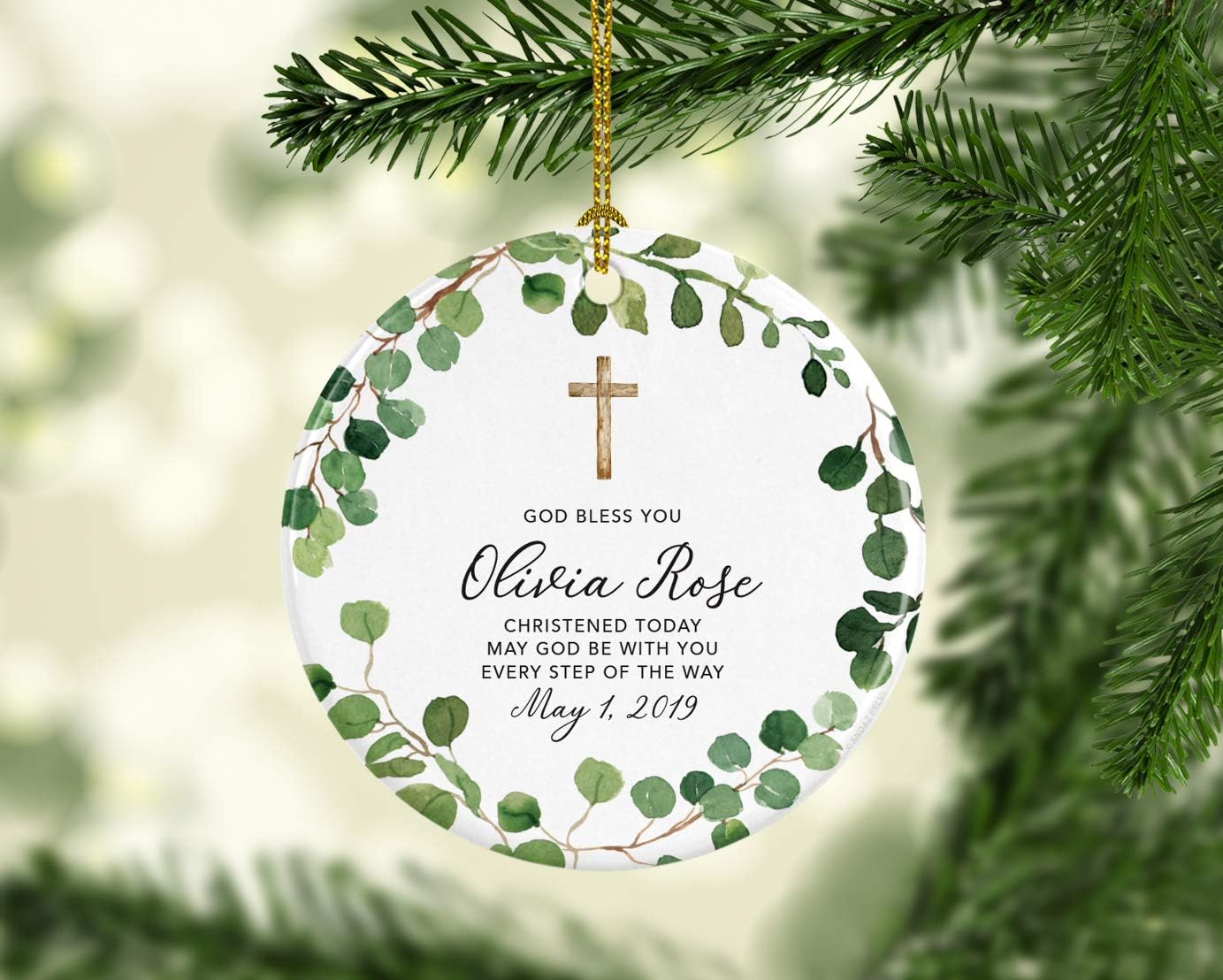 Andaz Press Personalized Round Ceramic Porcelain Christmas Ornament Keepsake Collectible Gift, God Bless You Olivia Rose Christened Today, Farmhouse Eucalyptus Wreath, 1-Pack
