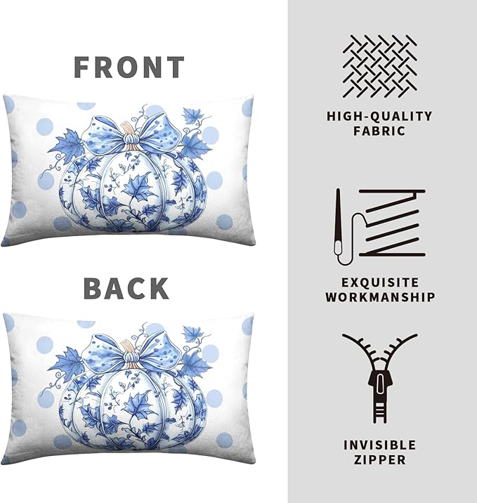 Fall Lumbar Pillow Covers Blue and White Porcelain Maple Leaf Pumpkin Throw Pillow Covers 12x20 Set of 2 Autumn Blue Polka Dot Pillowcase Thanksgiving Cushion Case for Couch Sofa