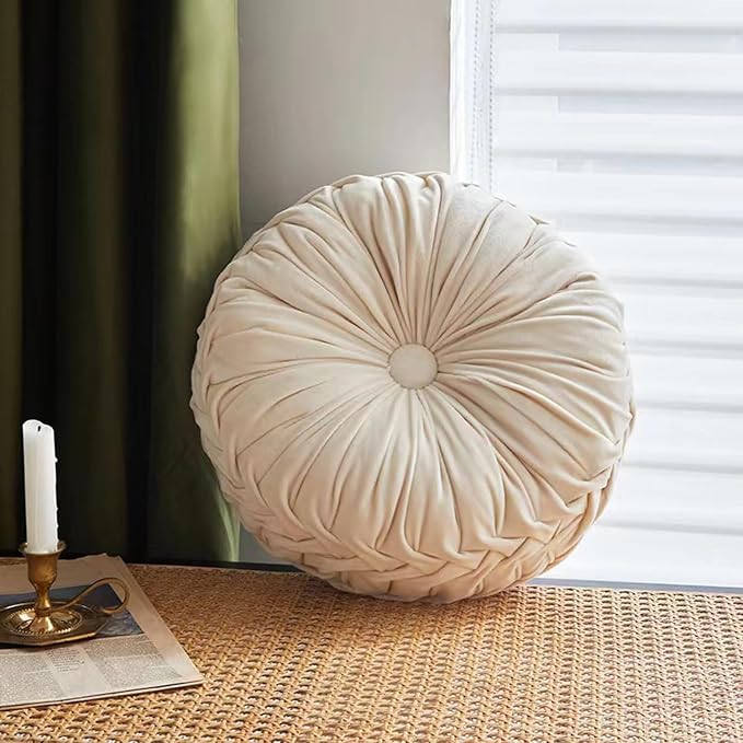 Greenjin 15" Round Pillow for Couch, Circle Velvet Pleated Throw Pillow,Decorative Round Floor Cushion,Pumpkin Chair Cushion for Bed Chair Car Sofa Home Decor White