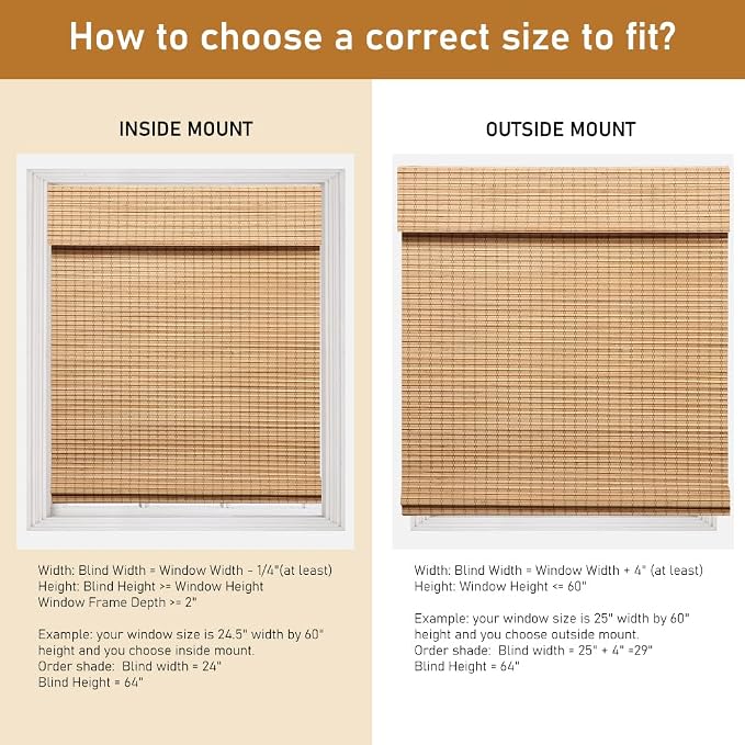 SEEYE Cordless Bamboo Roman Shades, Blackout Natural Bamboo Blinds for Indoor Windows, Roll Up Blind Privacy Shade for Home, Office, Door, UV Resistant & Easy to Install, 44" W x 64" H, Carbonized