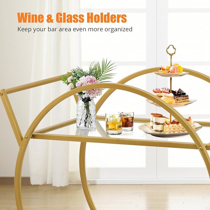 Bar Cart, 2 Tier Mobile Mini Bar, Kitchen Serving Cart and Coffee Station with Lockable Wheels, Storage for Liquor, Metal and Mirror, Modern