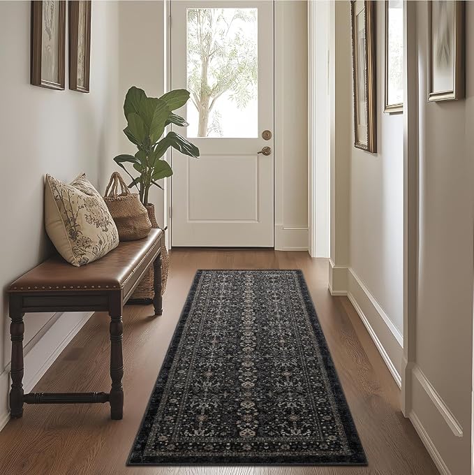 Ruaruarug Washable Area Rug Runner 2×6 for Kitchen Living Room Bedroom, Ultra Soft Non Slip Stain & Fade Resistant, Pet & Kids Friendly, Suitable for High Traffic Areas Easy to Clean, Black Grey