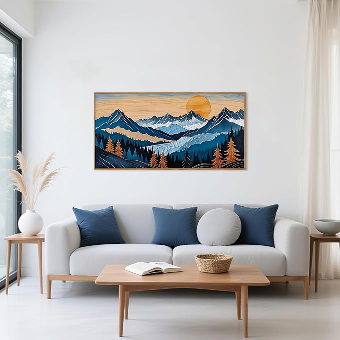 Boho Vintage Mountain Framed Canvas Wall Art Set, Blue Abstract Ridge Wall Decor,Woodcut Pine Tree Landscape Wall Painting,Sunrise Forest Art Print for Living Room,Bedroom,Office-20 X40