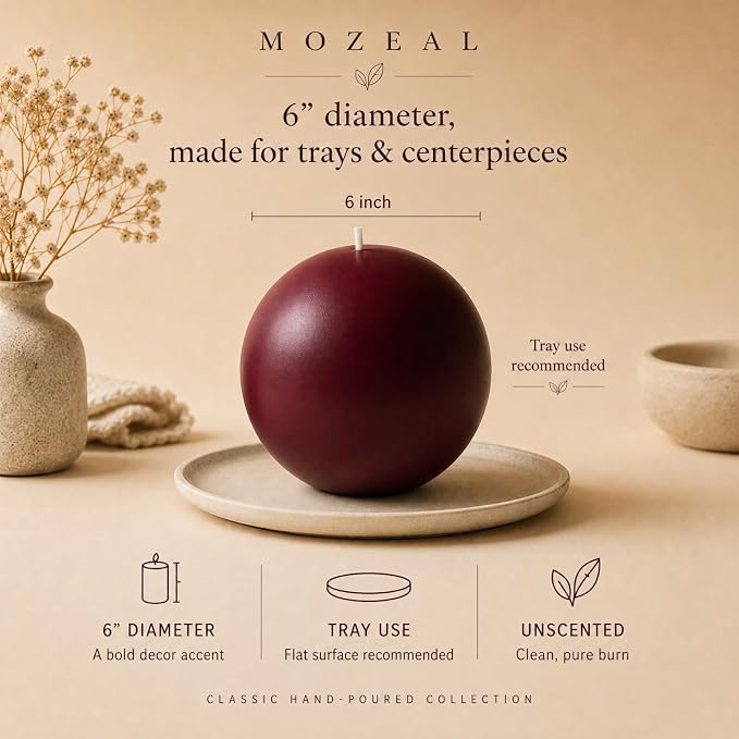 MOZEAL Hand-Poured, 6 Inch Burgundy Large Round Ball Candles - Elegant Burgundy Round Pillar Candles, Dripless, Unscented, Smokeless, Ideal for Intimate Gatherings.