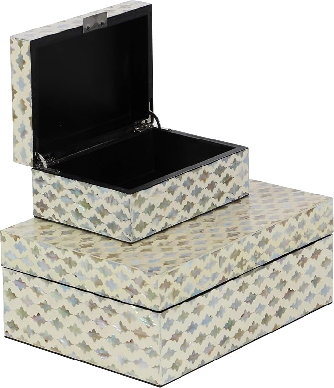 Deco 79 Mother of Pearl Shell Geometric Handmade Decorative Box Storage Decorative Keepsake Boxes with Hinged Lid, Set of 2 Storage Boxes 12", 8"W, Cream