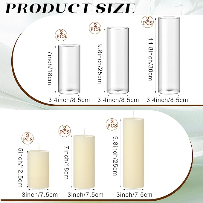 Shihanee Set of 6 Pillar Candles with Glass Cylinder Vases Clear Cylinder Hurricane Candleholders for Slim Tall Pillar Candles Wedding Table Centerpieces(3.4'' X 7", 9.8", 11.8",Ivory)