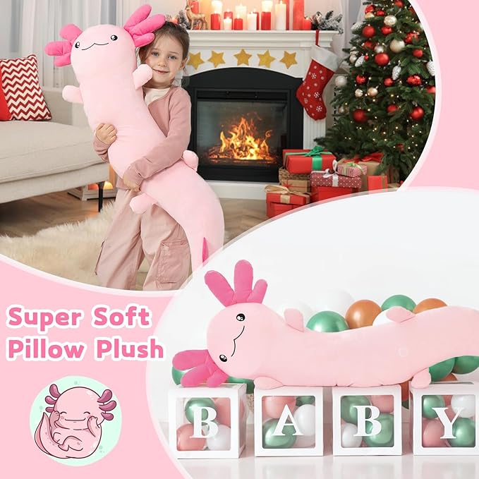 MaoGoLan Giant Axolotl Plush Body Pillow for Girls, Hot Pink Axolotl Stuffed Animal for Kids Adults, Large Salamander Plush Glow in The Dark, Holiday Birthday Easter