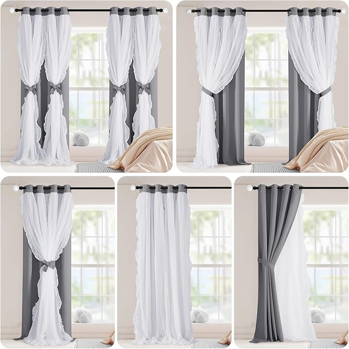 PONY DANCE Shabby Chic Curtains for Room Decor Bedroom Double Layer Ruffle Sheer Overlay with Tiebacks Drapes with Grommet Top, 52" W x 84" L, Silver Grey, Set of 2
