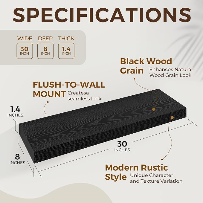 Dreamland 30Inch Black Floating Shelves 8" Deep Wall Mounted Set of 2 | Wall shelves for bathroom, bedroom, Living Room, kitchen, deep wall mount wood storage display for home decor 30" x 8"