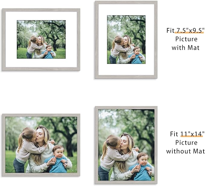 Picrit 11x14 Picture Frame Set of 12, Display 8x10 with Mat or 11x14 without Mat, Photo Frames for Wall Mounting or Table Top Display, Gray