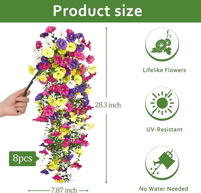 Serwalin Artificial Hanging Flowers for Outdoors Decoration,8PCS UV Resistant Fake Silk Artificial Outdoor Plants for Porch Patio Balcony Indoor Planter Garden Yard Decor (Summer Color,8PCS)