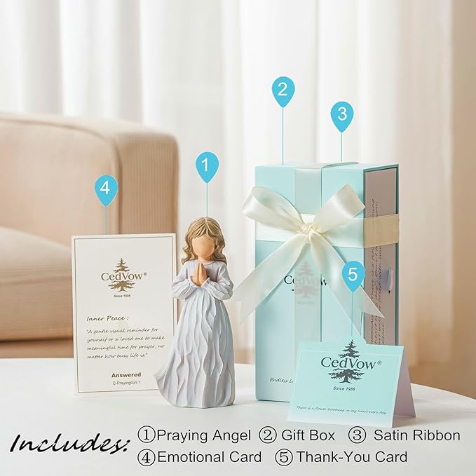 Answered Angel of Prayer Figurine, Solid Resin Praying Angel Figurines Spiritual Decor Statue for Women Girl Religious Hope Sympathy Statues Figure Gifts,Luxury Gift Box with Ribbon &Card-6.2''