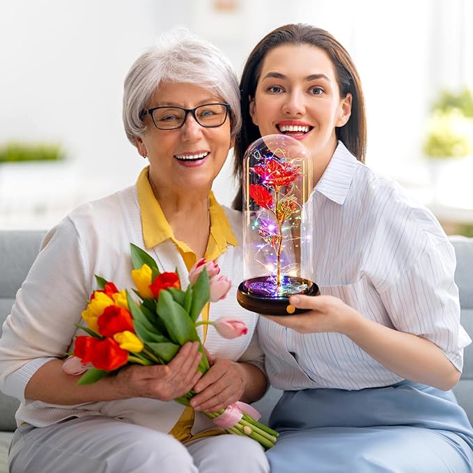Mothers Day Flowers Gifts for Mom Women Birthday Gift, Rechargeable Galaxy Glass Rose in Glass Dome Forever Crystal Rose Flowers Mother's Day Roses Gifts for Mom Daughter Wife Women Grandma Sister Red
