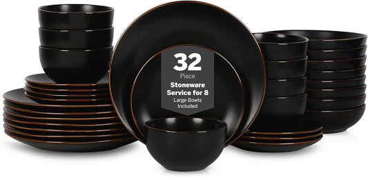 Stone Lain Brasa Stoneware 32 Piece Dinnerware, Plates and Bowls Sets for 8, Black, Glossy Rustic-Chic Design, Microwave & Dishwasher Safe