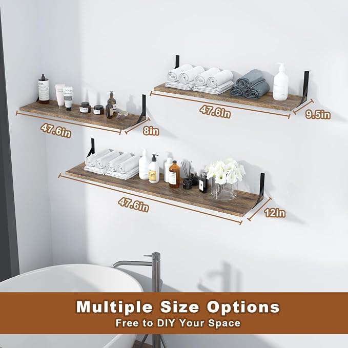 Long Wall Shelves, 48" W x 12" D Large Floating Shelves Set of 2, Wide Display Wood Shelf Wall Mounted with Heavy-Duty Metal Brackets for Bedroom Books, Living Room, Kitchen, Rustic Brown