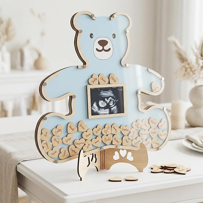 The Real Bossy Baby - Large Teddy Bear Guest Book Frame Keepsake for Baby Shower - Gender Reveal - Birthday - Premium Wood Shadow Box Display - Unique Gift Idea - Personal Nursery Decor - Ultrasound Frame - We Can Bearly Wait Theme - Includes Wooden He...
