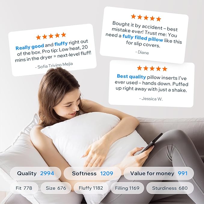 Phantoscope 24 x 24 Pillow Inserts - Throw Pillow Inserts with 100% Cotton Cover - 24 Inch Square Forms Pillow Sham Stuffer - Decorative Couch Cushion Pillows (2 Pack, 24 Inches)
