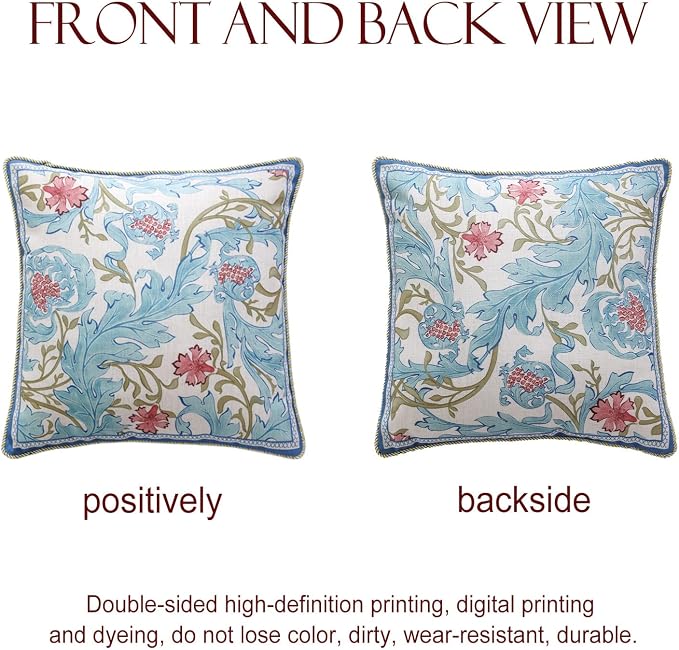 patdrea Designer Vintage Linen Throw Pillow Cover,18"x18",Set of 2-Fromm A | Luxury Decorative Pillow Case with Zipper,Blue Floral Pattern,Pillow Cover for Couch Living Room Bedroom Sofa