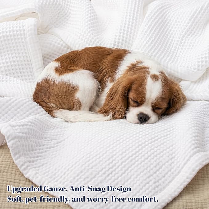 PHF 100% Cotton Waffle & Muslin Blanket King Size, Soft Breathable Luxury 400GSM Versatile Reversible Bedding for Bed, Great for Layering in Cold Weather, Home Decor Gift, 104" x 90", White