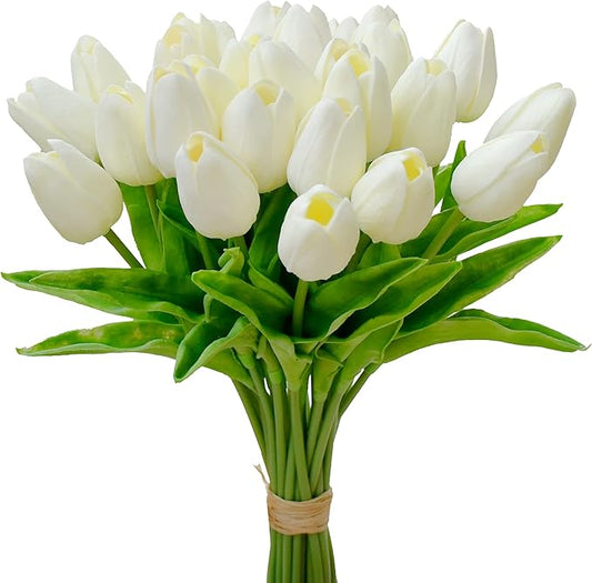 Mandy's Cream Artificial Tulips Flowers Centerpiece, 13.5" Lifelike PU Fake Floral Stems 28pcs for Kitchen Island & Dining Table, Spring Decor for Easter