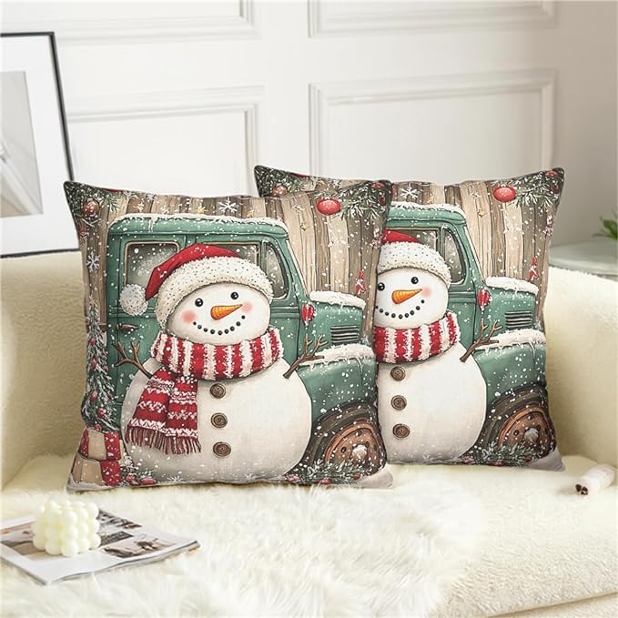 Christmas Snowman Pillow Covers 24x24 Set of 2 Green Xmas Truck Throw Pillow Covers Wooden Pattern Background Pillowcase Winter Holiday Cushion Case for Living Room Sofa Couch