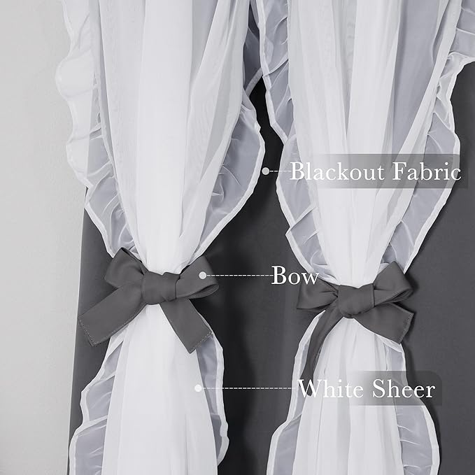 PONY DANCE Ruffle Sheer Overlay Blackout Curtains for French Country Bedroom, Window Treatment Double Layer Drapes, Farmhouse Rustic Design, W 52 x L 84 Inches, Grey, 2 Panels