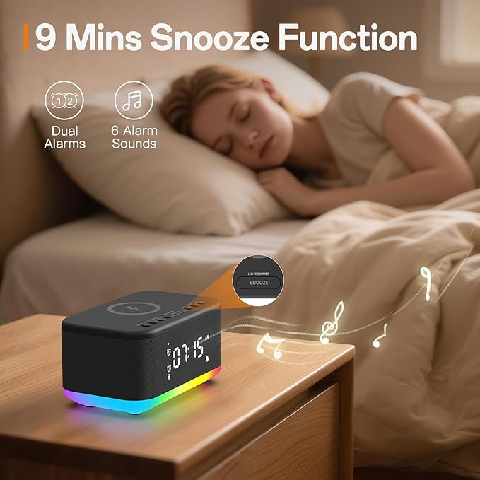 Wireless Charging Alarm Clock Bedroom, Digital Alarm Clocks Bedrooms Bluetooth, Loud Bluetooth Speaker Alarm Clock Night Light Dual Alarm Snooze 12/24H Dimmer Bluetooth AUX USB Charging, Black