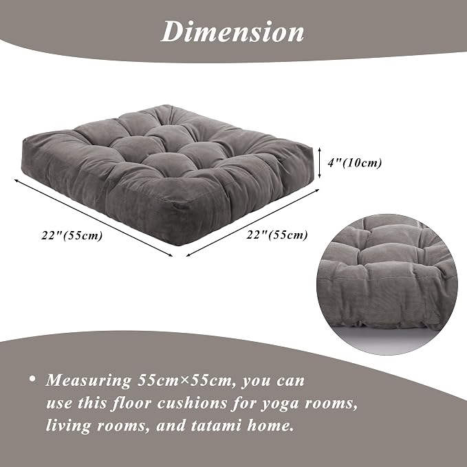 Meditation Floor Pillow 22×22 Inch 2 Pack Large Floor Cushions for Adults Square Tufted Corduroy Floor Pillows for Yoga Living Tatami Room Grey