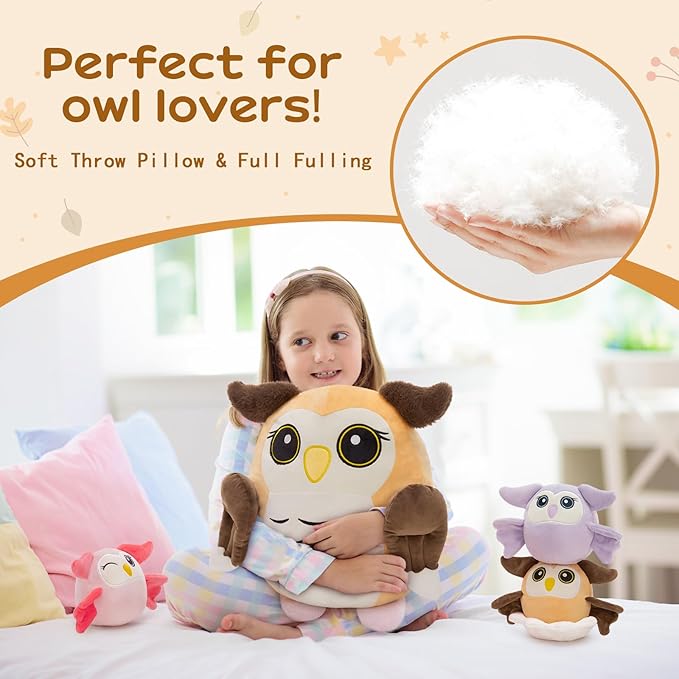 MaoGoLan Owl Stuffed Animals with Babies Inside,Ultra Soft Owl Plush Throw Pillow with 3 Adorable Baby Owls Plushie,Squishy Stuffed Collection Gift for Owl Lover,Kids,Teens,16"