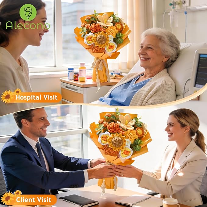 Alecono Large Crochet Flower Bouquet, Knitted Flowers, Artificial Sunflower Crochet as a Gift for Valentines Day Lover Anniversary Graduation (Orange)