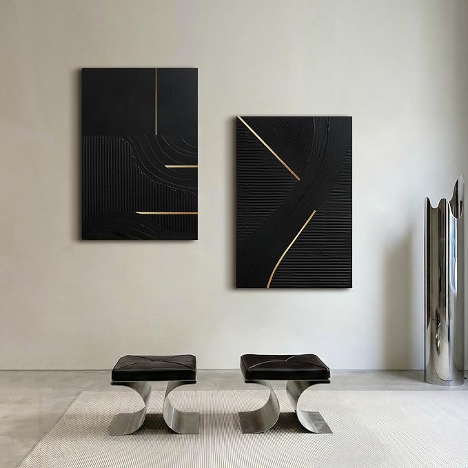 Abstract Black & Gold Canvas Wall Art,3D Line Texture Modern Oil Painting | Hand-Painted Black Vertical Artwork for Living Room Bedroom Office, 24x36 In Large Original Wall Decor, Ready to Hang