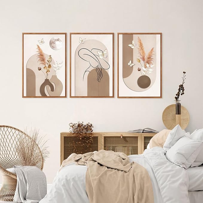 CHDITB Boho Neutral Framed Canvas Wall Art, Minimalist Line Art Woman Artwork, Pampas Grass Botanical Wall Decor, Beige Brown Painting, Abstract Geometric Art Prints for Living Room Bedroom 24"x36"x3