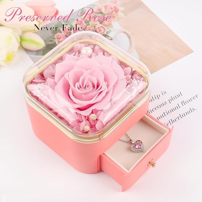 Beferr Gifts for Mom Preserved Real Rose with Necklace Eternal Roses Forever Flowers for Delivery Christmas Anniversary Birthday Mothers Day Flower Gifts for Women Her Grandma Wife Daughter Girlfriend