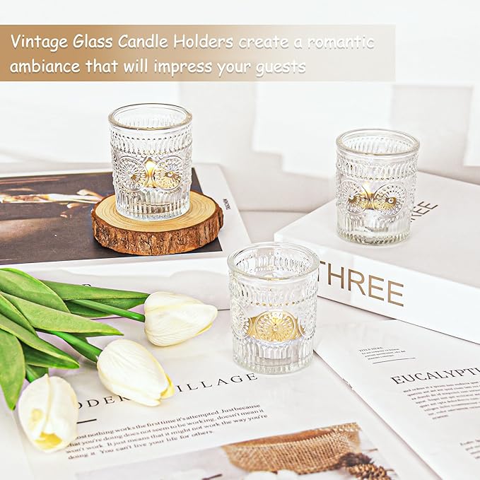 4 Pcs Clear Glass Votive Candle Holders, Tealight Candle Holders for Table Centerpieces, Vintage Candle Holder Bulk, Boho Wedding, Home, Bridal Shower, Birthday Party Table Decor (Clear)
